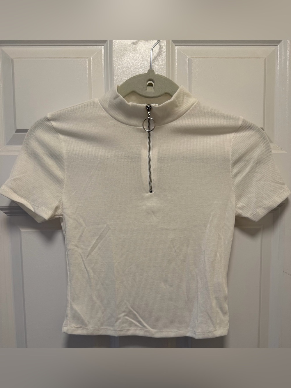 White Short-Sleeve Mock Neck Top with Zip